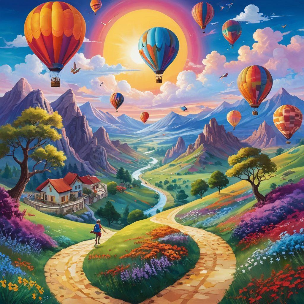 A whimsical landscape featuring a colorful pathway winding through vibrant hills, dotted with joyful travelers engaged in various exciting activities like painting, dancing, and exploring. The sky is filled with soft clouds shaped like dream symbols, and a radiant sun shines down, casting warm light over this enchanting scene. Include elements of adventure, such as hot air balloons and friendly animals, to evoke feelings of joy and thrill. vibrant colors. illustration style.