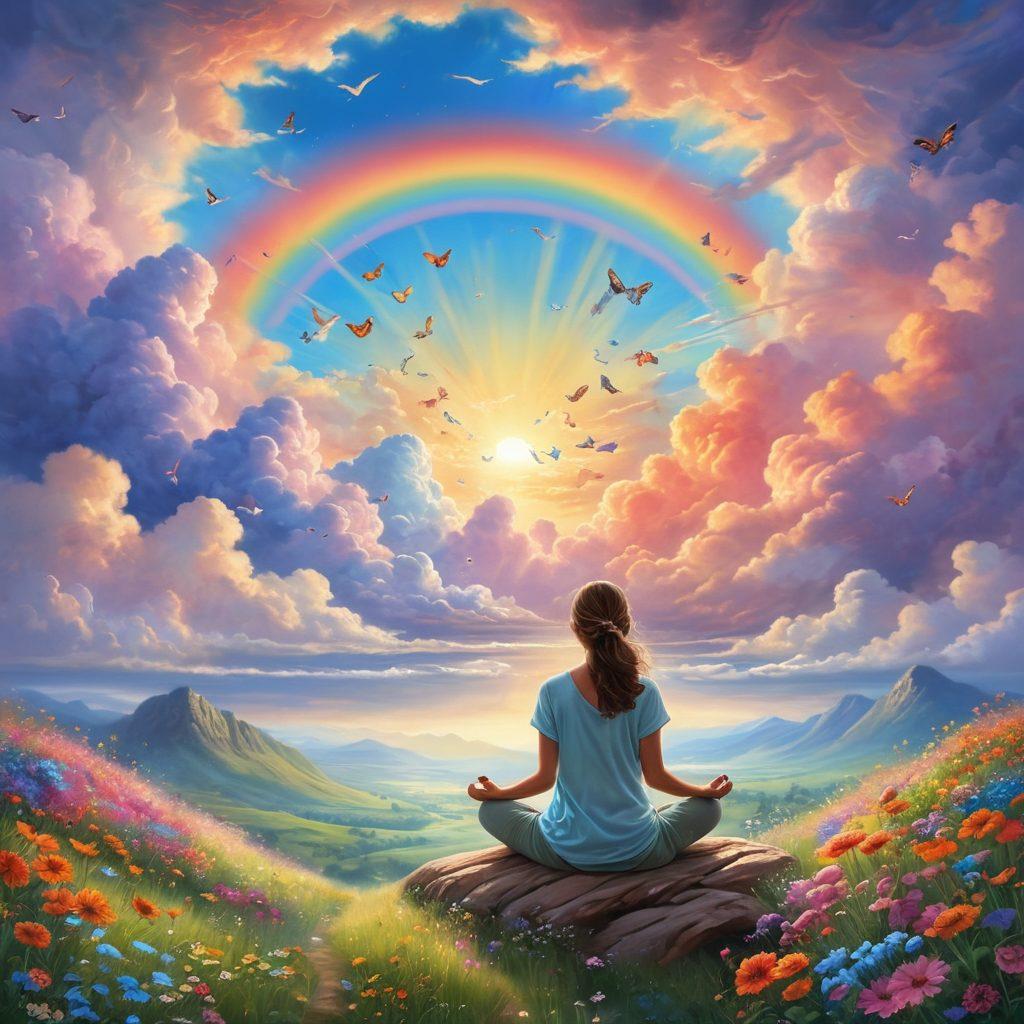 A serene landscape with a sunrise painting the sky in soft pastels, featuring a person meditating on a hilltop surrounded by blooming flowers and butterflies. In the foreground, visualize an open journal with pages fluttering in the breeze, revealing inspiring quotes about happiness. Incorporate symbols of joy, such as a rainbow and laughing faces in the clouds. super-realistic. vibrant colors. peaceful atmosphere.