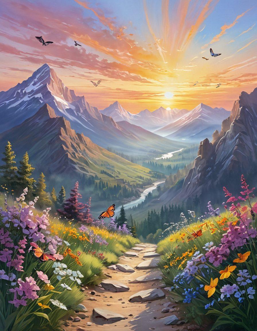 A serene landscape depicting a bright sunrise over a mountain range, symbolizing the journey from cheerfulness to joy. Add a pathway lined with blooming flowers leading to a radiant figure basking in the sunlight, arms wide open, celebrating life. Incorporate soft pastel colors to evoke a sense of tranquility and happiness. Include subtle elements like butterflies and birds to signify freedom and positivity. vibrant colors. super-realistic.